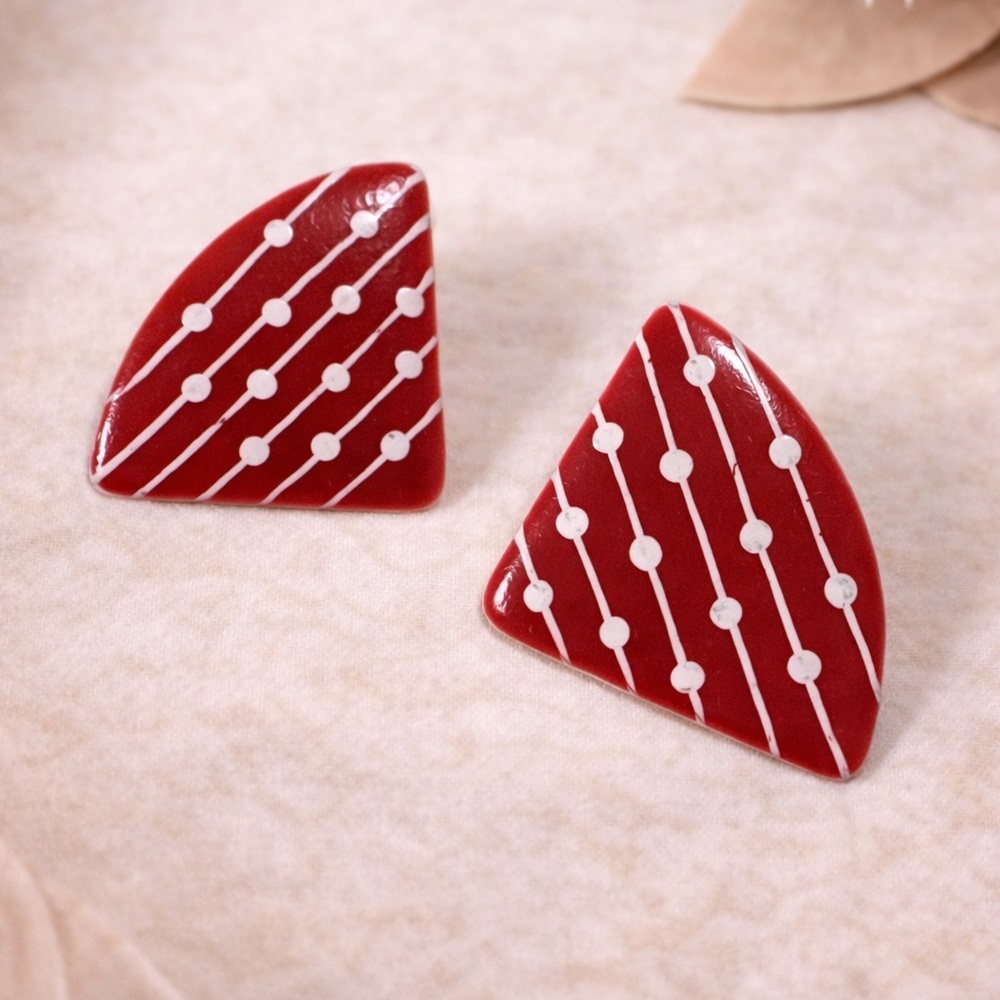 Vintage 80s Red Enamel Geometric Earrings White Dot Stripe Retro Memphis Style
